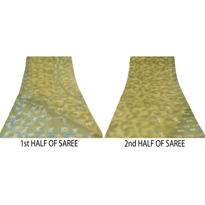 Sanskriti Vintage Sarees Green Pure Crepe Silk Printed Sari 5yd Craft Sustainable Fabric