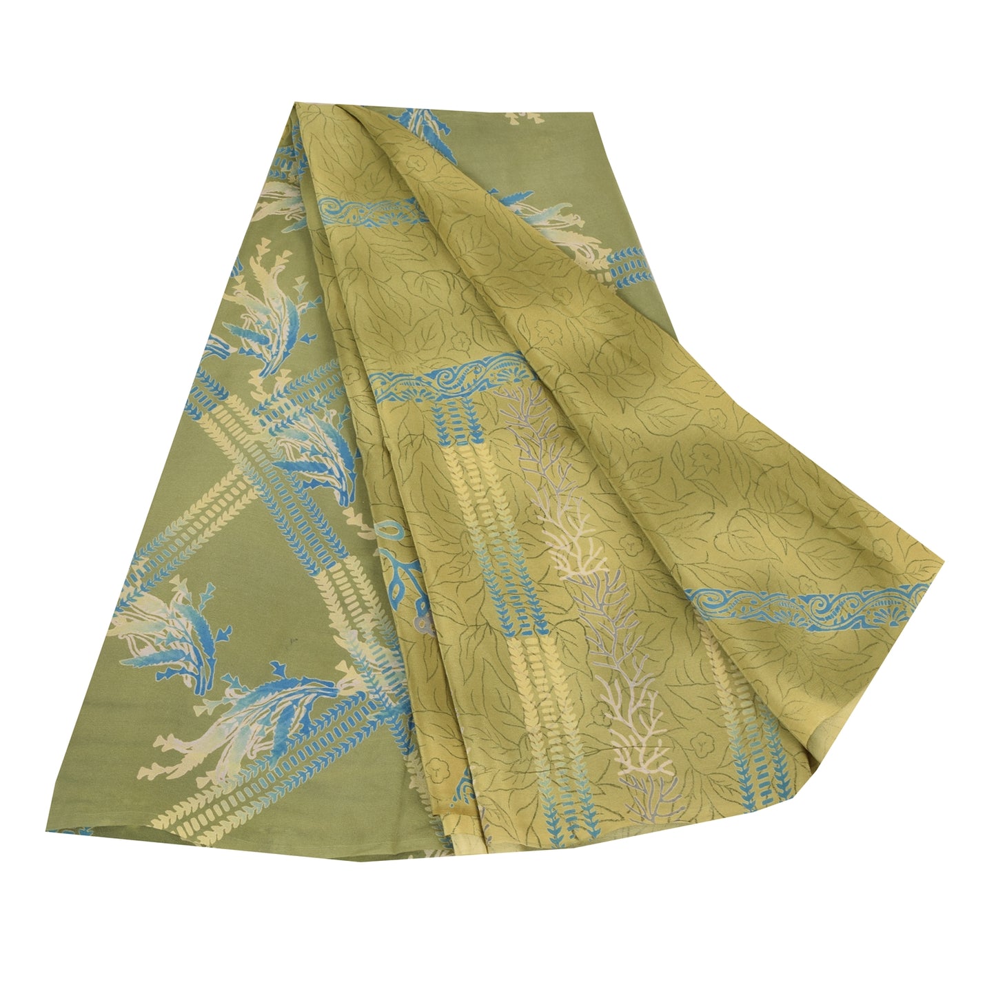 Sanskriti Vintage Sarees Green Pure Crepe Silk Printed Sari 5yd Craft Sustainable Fabric