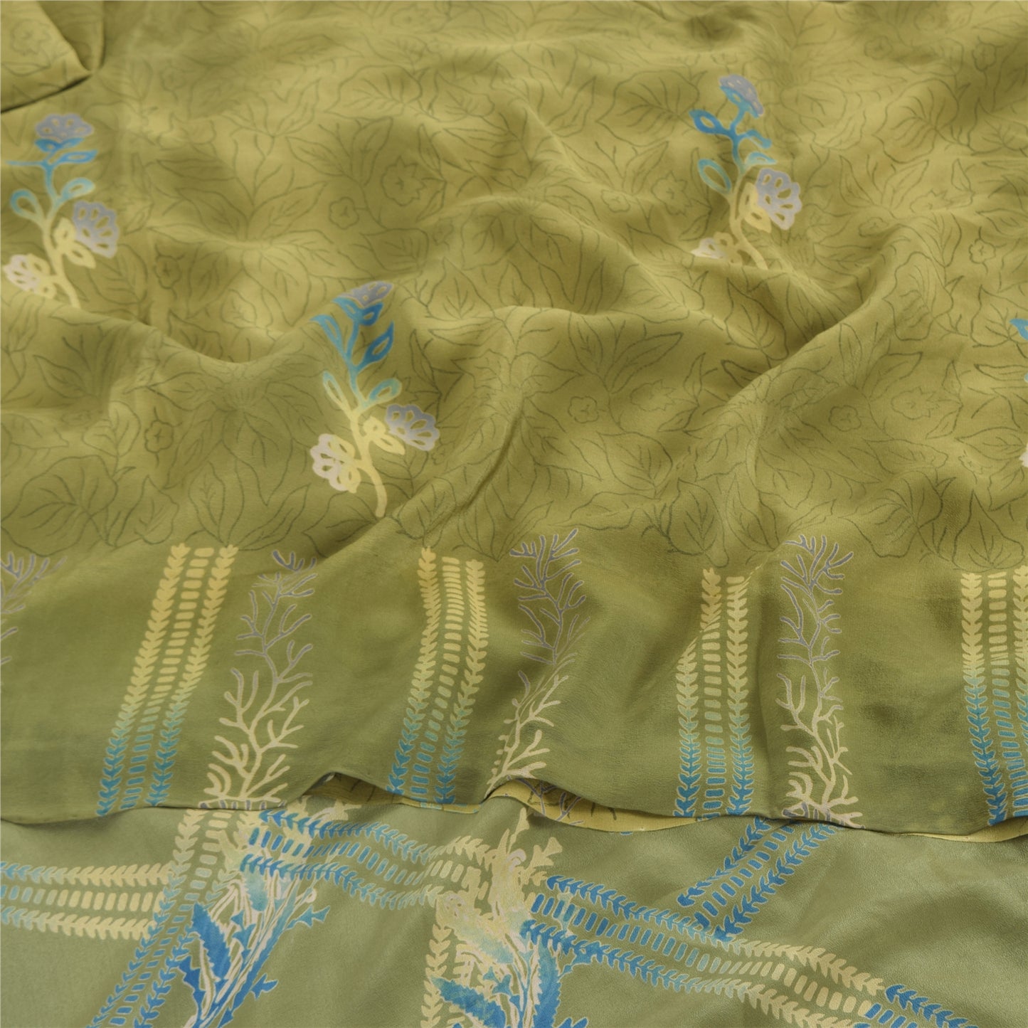 Sanskriti Vintage Sarees Green Pure Crepe Silk Printed Sari 5yd Craft Sustainable Fabric