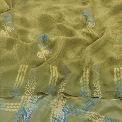 Sanskriti Vintage Sarees Green Pure Crepe Silk Printed Sari 5yd Craft Sustainable Fabric