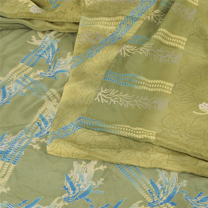 Sanskriti Vintage Sarees Green Pure Crepe Silk Printed Sari 5yd Craft Sustainable Fabric