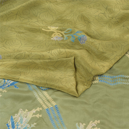 Sanskriti Vintage Sarees Green Pure Crepe Silk Printed Sari 5yd Craft Sustainable Fabric
