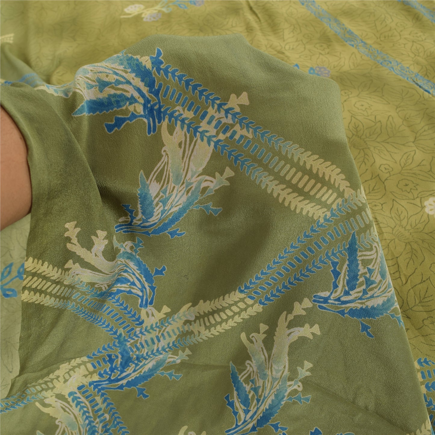 Sanskriti Vintage Sarees Green Pure Crepe Silk Printed Sari 5yd Craft Sustainable Fabric