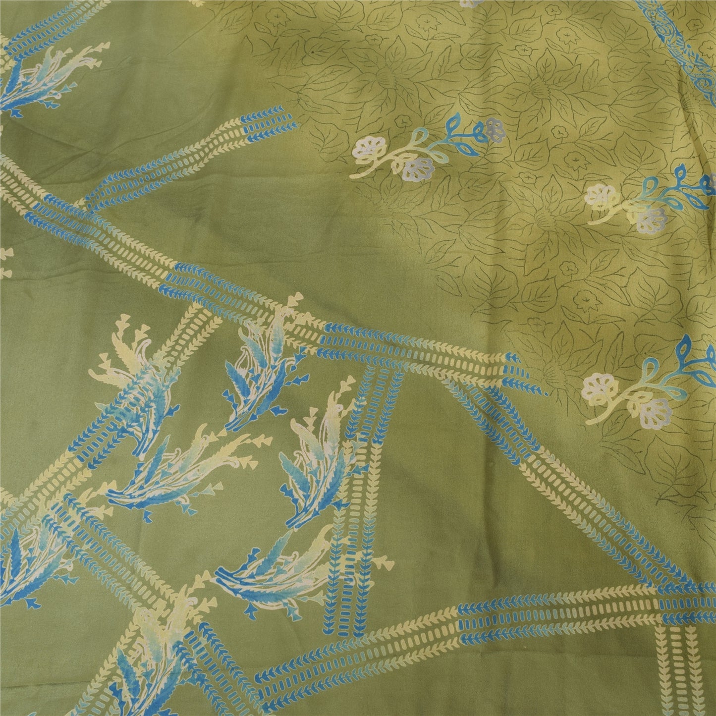 Sanskriti Vintage Sarees Green Pure Crepe Silk Printed Sari 5yd Craft Sustainable Fabric