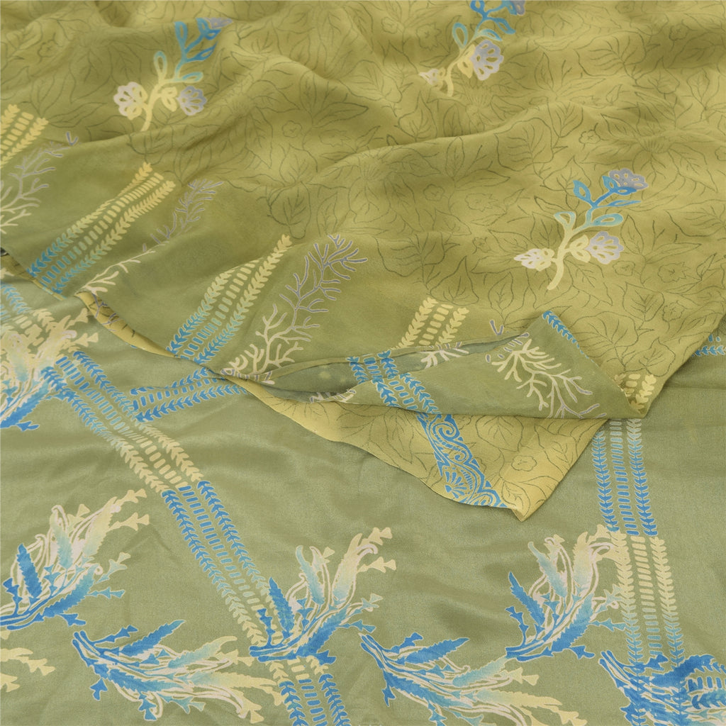 Sanskriti Vintage Sarees Green Pure Crepe Silk Printed Sari 5yd Craft Sustainable Fabric