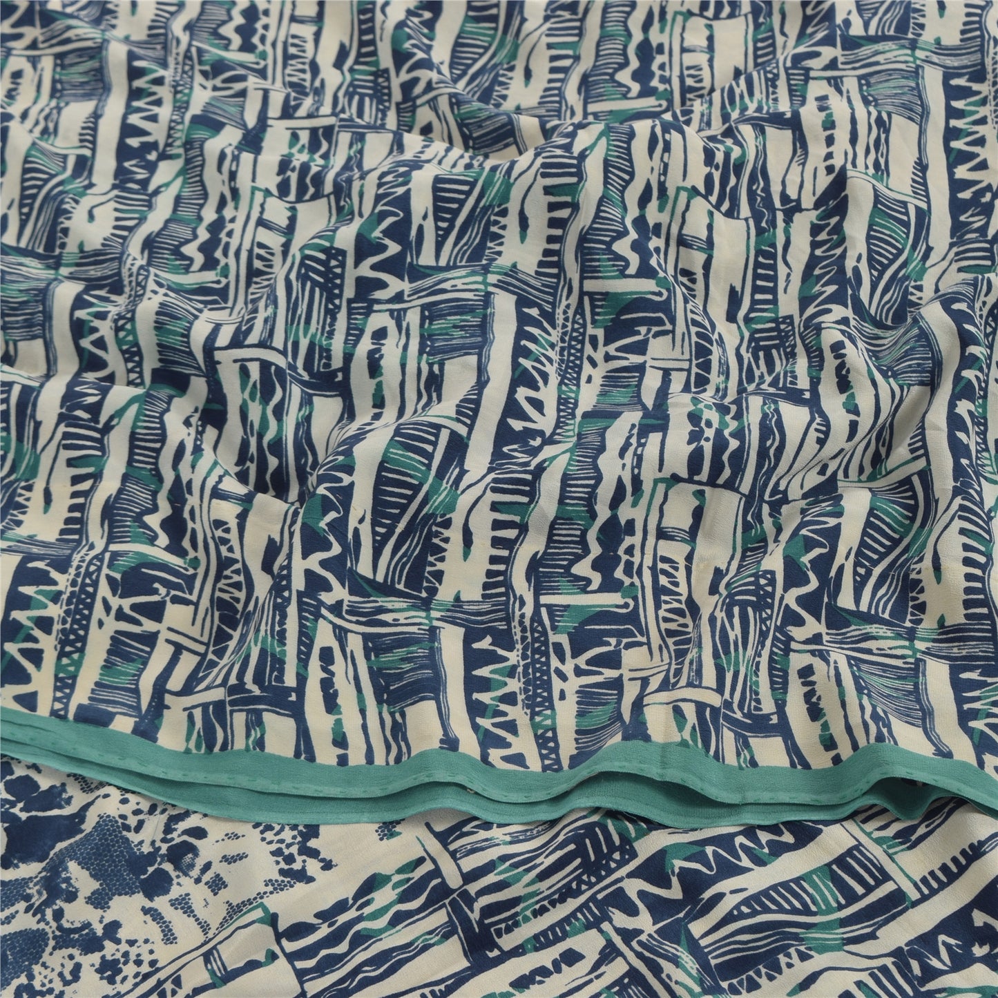 Sanskriti Vintage Sarees Ivory/Blue Pure Crepe Silk Print Sari 5yd Craft Sustainable Fabric