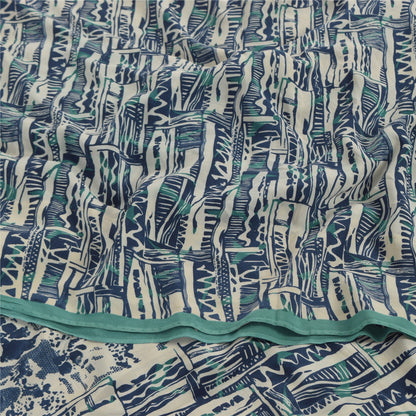 Sanskriti Vintage Sarees Ivory/Blue Pure Crepe Silk Print Sari 5yd Craft Sustainable Fabric