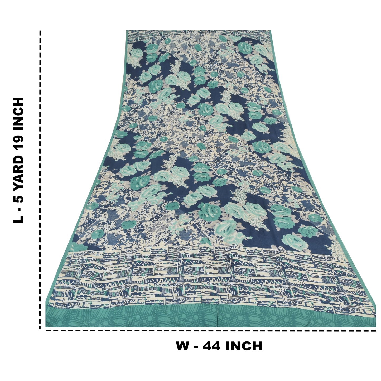 Sanskriti Vintage Sarees Ivory/Blue Pure Crepe Silk Print Sari 5yd Craft Sustainable Fabric