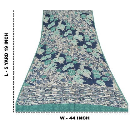 Sanskriti Vintage Sarees Ivory/Blue Pure Crepe Silk Print Sari 5yd Craft Sustainable Fabric