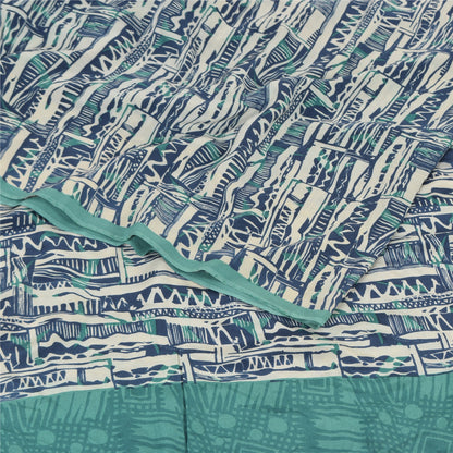 Sanskriti Vintage Sarees Ivory/Blue Pure Crepe Silk Print Sari 5yd Craft Sustainable Fabric