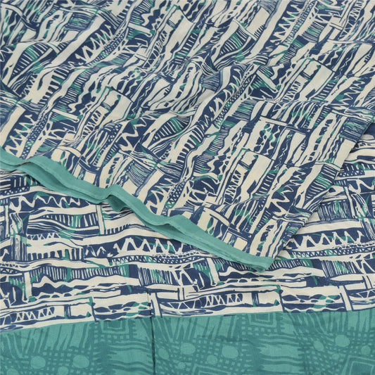 Sanskriti Vintage Sarier Elfenben/Blå Ren Crepe Silke Print Sari 5 m Håndværk Bæredygtigt Stoff