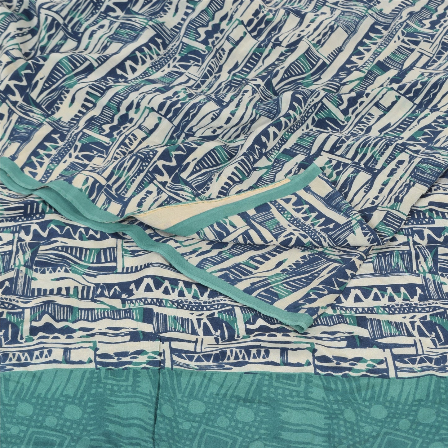 Sanskriti Vintage Sarees Ivory/Blue Pure Crepe Silk Print Sari 5yd Craft Sustainable Fabric