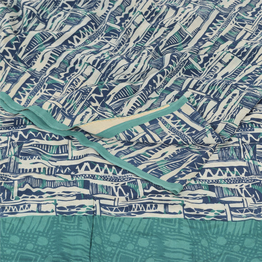 Sanskriti Vintage Sarier Elfenben/Blå Ren Crepe Silke Print Sari 5 m Håndværk Bæredygtigt Stoff