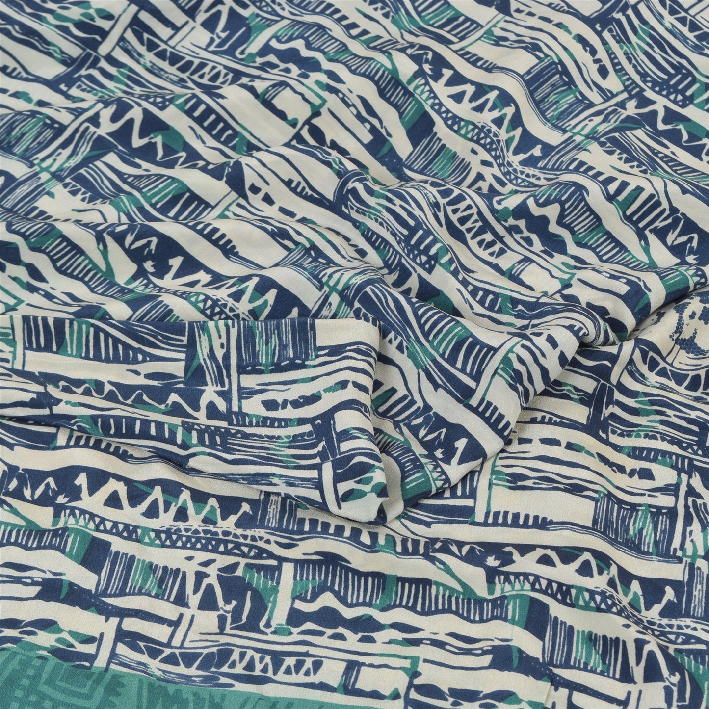 Sanskriti Vintage Sarees Ivory/Blue Pure Crepe Silk Print Sari 5yd Craft Sustainable Fabric