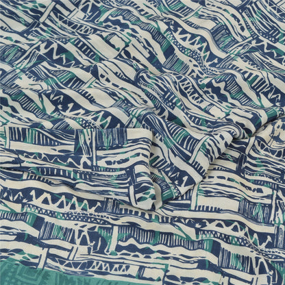 Sanskriti Vintage Sarees Ivory/Blue Pure Crepe Silk Print Sari 5yd Craft Sustainable Fabric