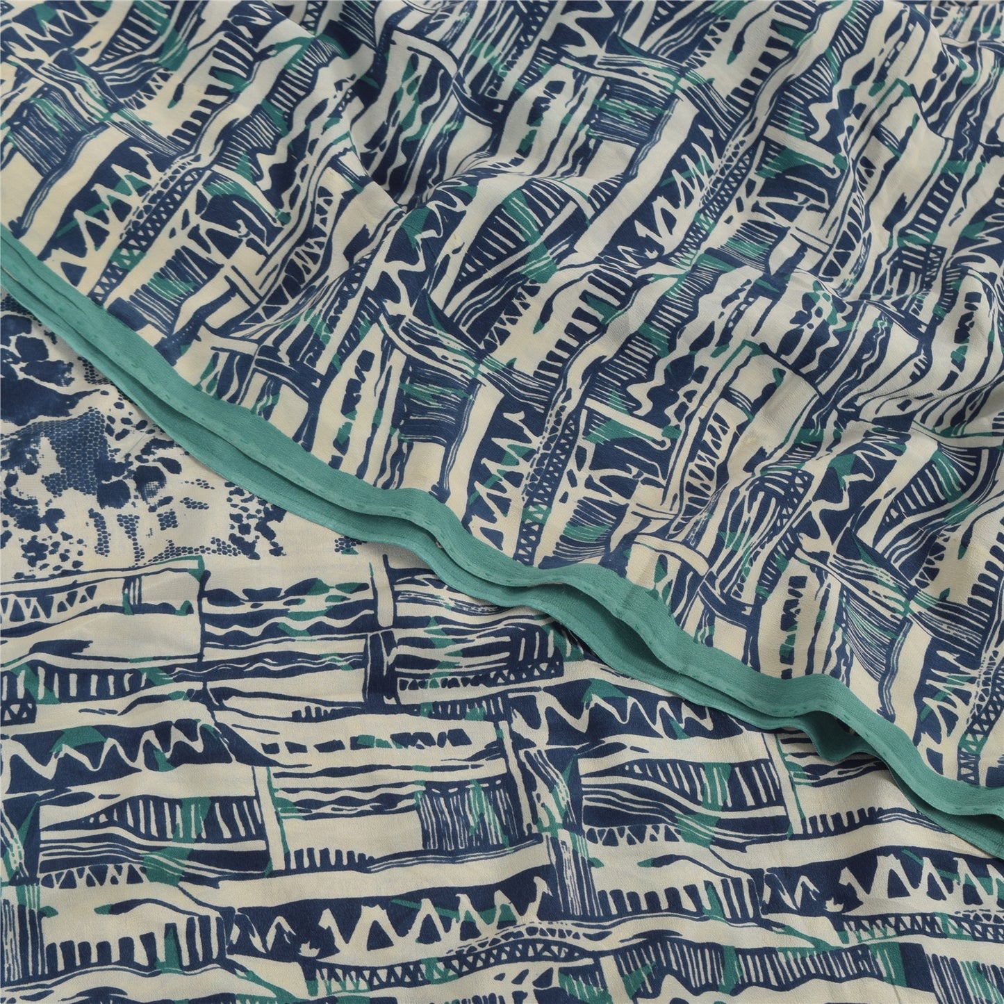 Sanskriti Vintage Sarees Ivory/Blue Pure Crepe Silk Print Sari 5yd Craft Sustainable Fabric