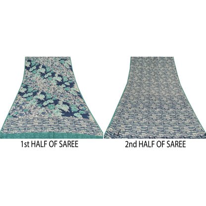 Sanskriti Vintage Sarees Ivory/Blue Pure Crepe Silk Print Sari 5yd Craft Sustainable Fabric