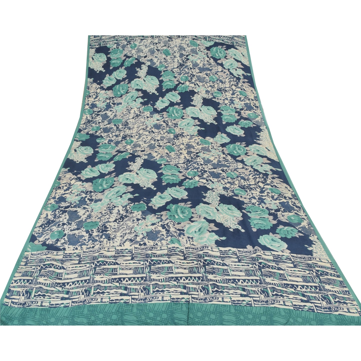 Sanskriti Vintage Sarees Ivory/Blue Pure Crepe Silk Print Sari 5yd Craft Sustainable Fabric