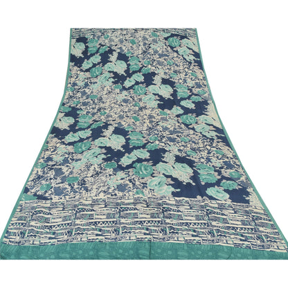 Sanskriti Vintage Sarees Ivory/Blue Pure Crepe Silk Print Sari 5yd Craft Sustainable Fabric