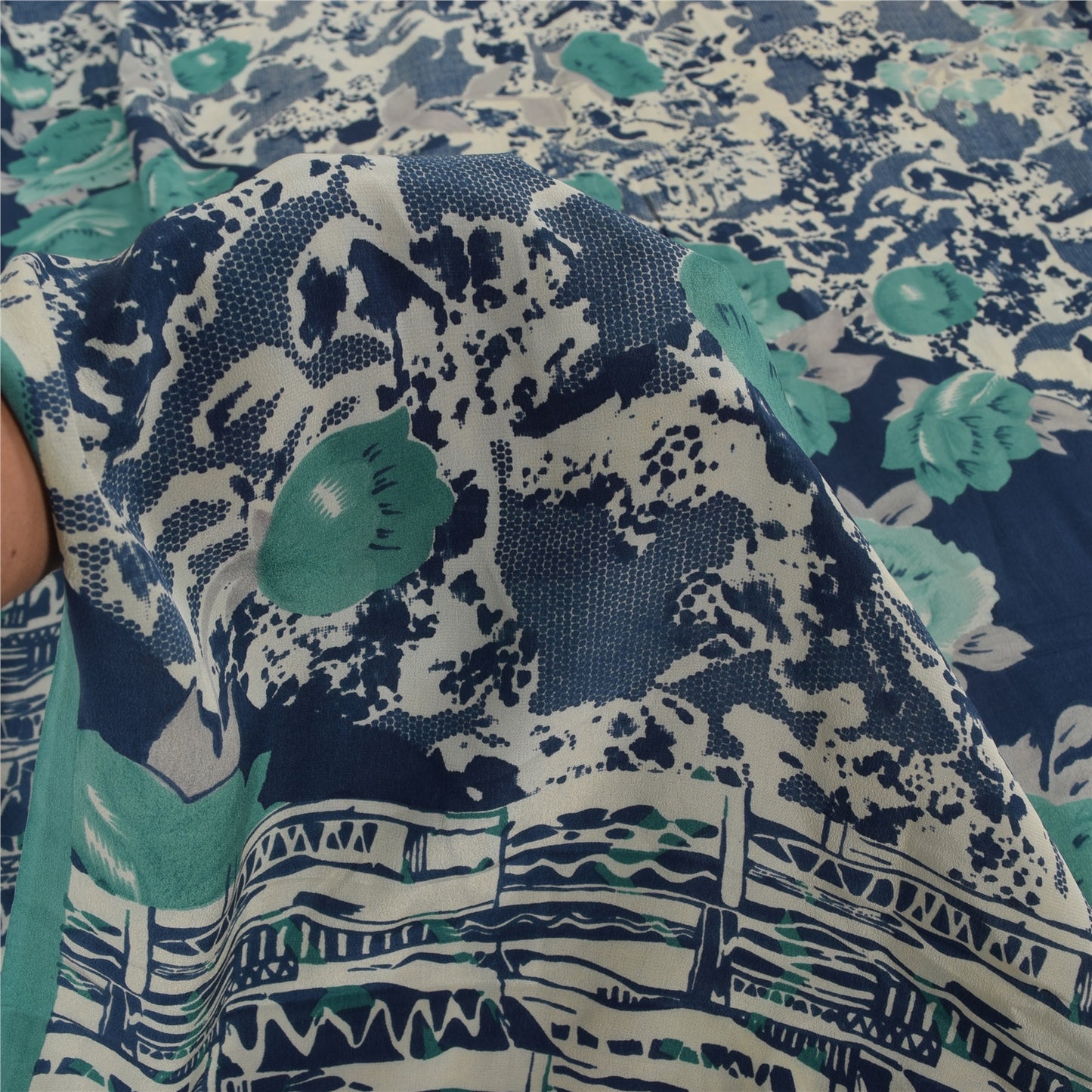 Sanskriti Vintage Sarees Ivory/Blue Pure Crepe Silk Print Sari 5yd Craft Sustainable Fabric