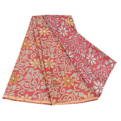Sanskriti Vintage Sarees Pink 100% Pure Crepe Silk Printed Sari 5yd Craft Sustainable Fabric
