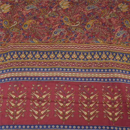 Sanskriti Vintage Sarees Dark Red Pure Crepe Silk Printed Sari 5yd Craft Sustainable Fabric