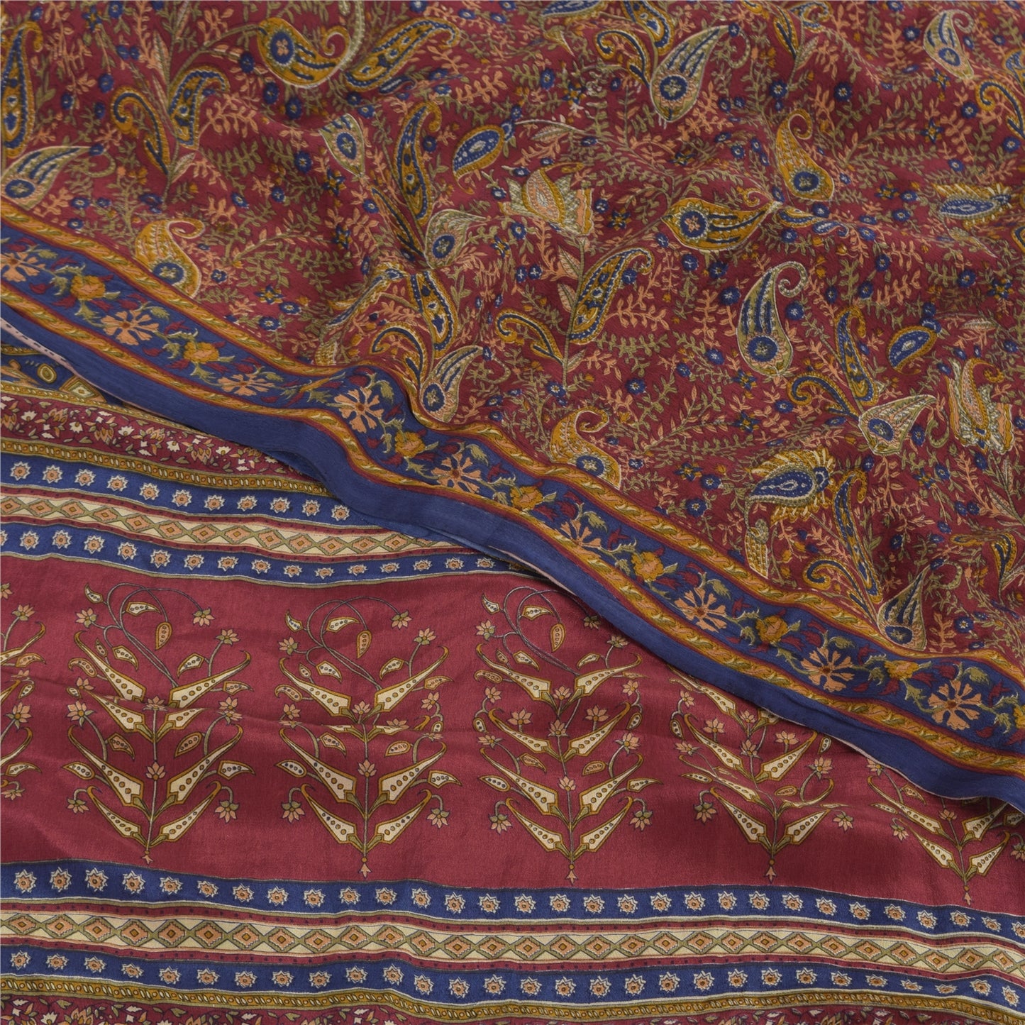 Sanskriti Vintage Sarees Dark Red Pure Crepe Silk Printed Sari 5yd Craft Sustainable Fabric