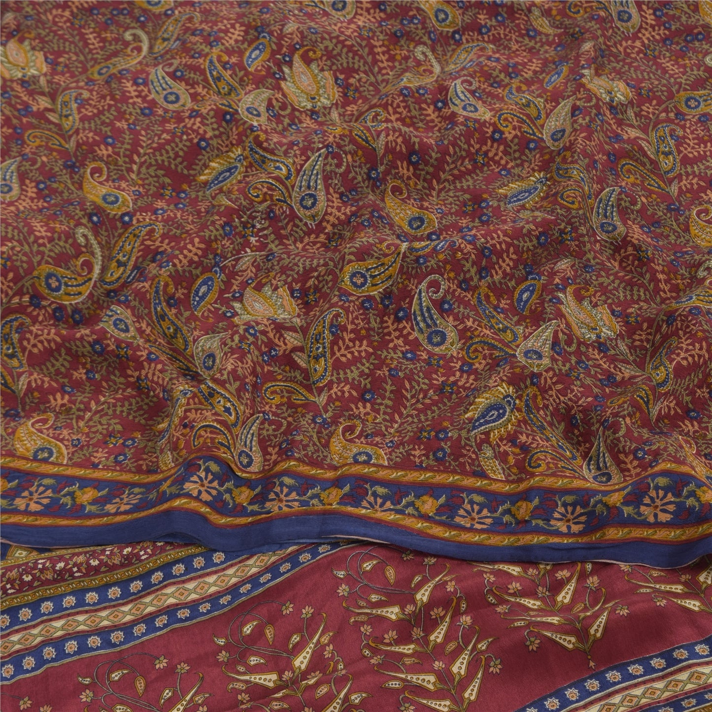 Sanskriti Vintage Sarees Dark Red Pure Crepe Silk Printed Sari 5yd Craft Sustainable Fabric