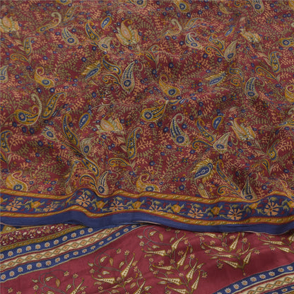 Sanskriti Vintage Sarees Dark Red Pure Crepe Silk Printed Sari 5yd Craft Sustainable Fabric