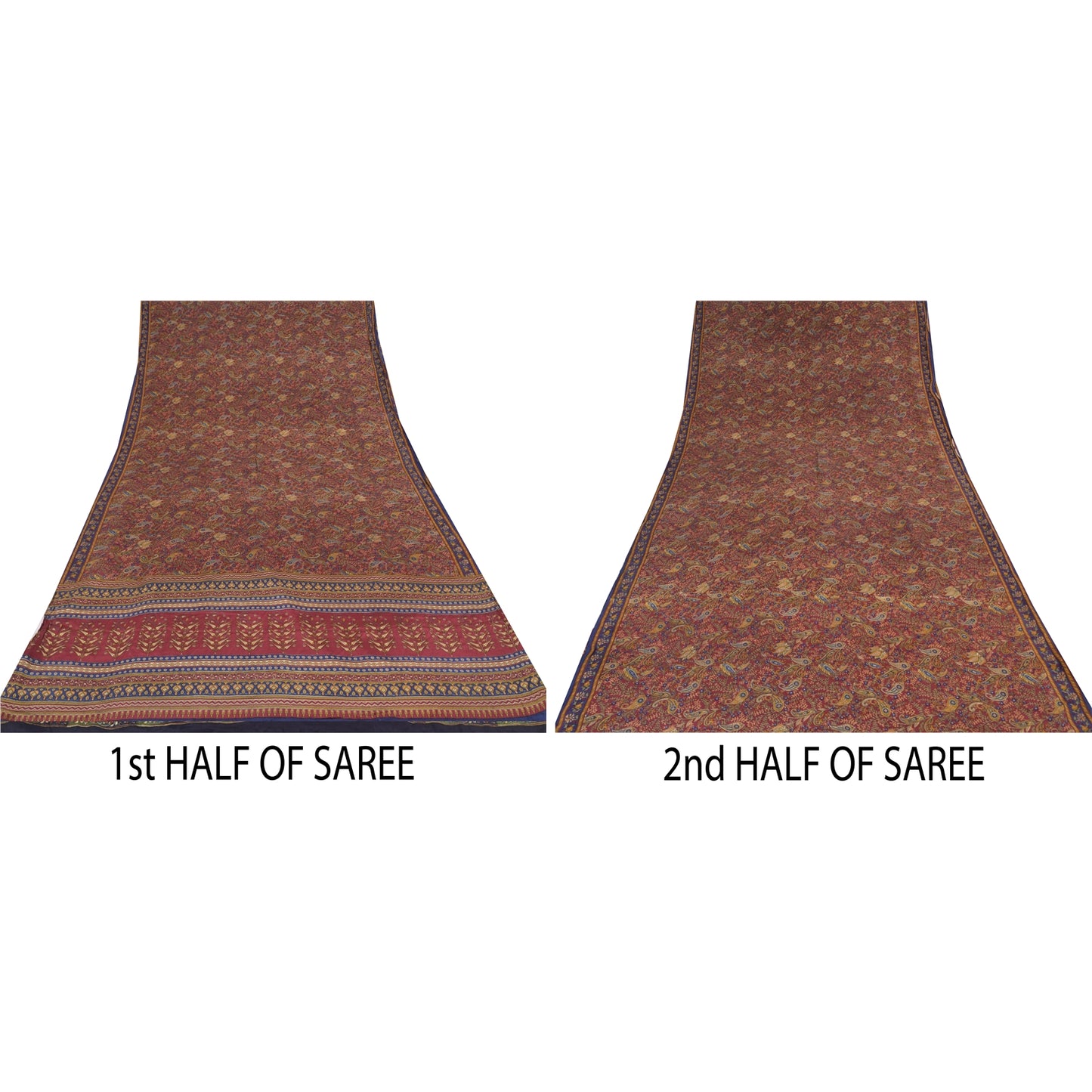 Sanskriti Vintage Sarees Dark Red Pure Crepe Silk Printed Sari 5yd Craft Sustainable Fabric