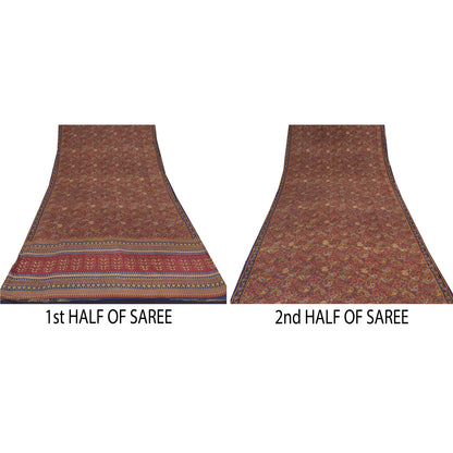 Sanskriti Vintage Sarees Dark Red Pure Crepe Silk Printed Sari 5yd Craft Sustainable Fabric
