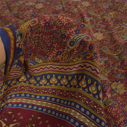 Sanskriti Vintage Sarees Dark Red Pure Crepe Silk Printed Sari 5yd Craft Sustainable Fabric