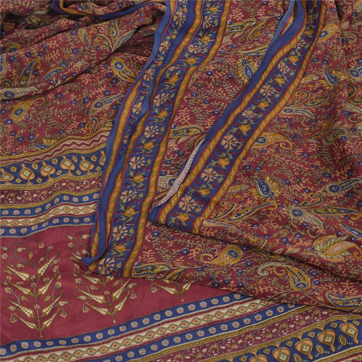 Sanskriti Vintage Sarees Dark Red Pure Crepe Silk Printed Sari 5yd Craft Sustainable Fabric