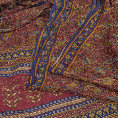 Sanskriti Vintage Sarees Dark Red Pure Crepe Silk Printed Sari 5yd Craft Sustainable Fabric