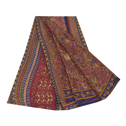 Sanskriti Vintage Sarees Dark Red Pure Crepe Silk Printed Sari 5yd Craft Sustainable Fabric