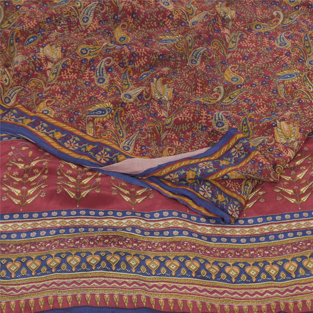 Sanskriti Vintage Sarees Dark Red Pure Crepe Silk Printed Sari 5yd Craft Sustainable Fabric