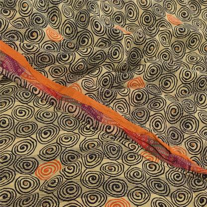 Sanskriti Vintage Sarees Cream Pure Crepe Silk Printed Sari 5+yd Craft Fabric