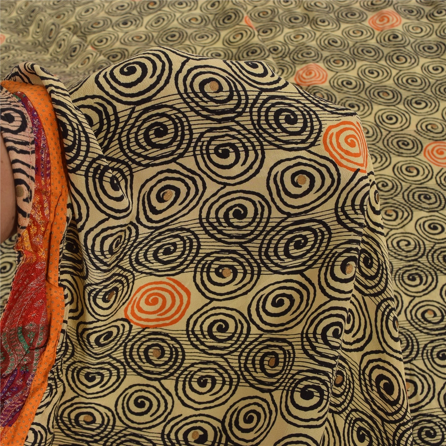 Sanskriti Vintage Sarees Cream Pure Crepe Silk Printed Sari 5+yd Craft Fabric