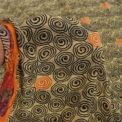 Sanskriti Vintage Sarees Cream Pure Crepe Silk Printed Sari 5+yd Craft Fabric