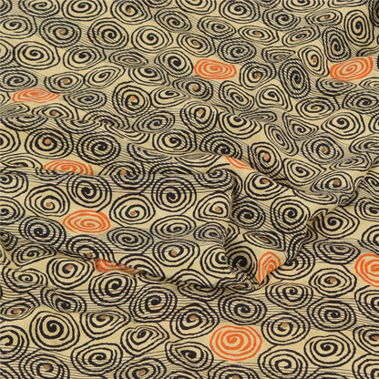 Sanskriti Vintage Sarees Cream Pure Crepe Silk Printed Sari 5+yd Craft Fabric
