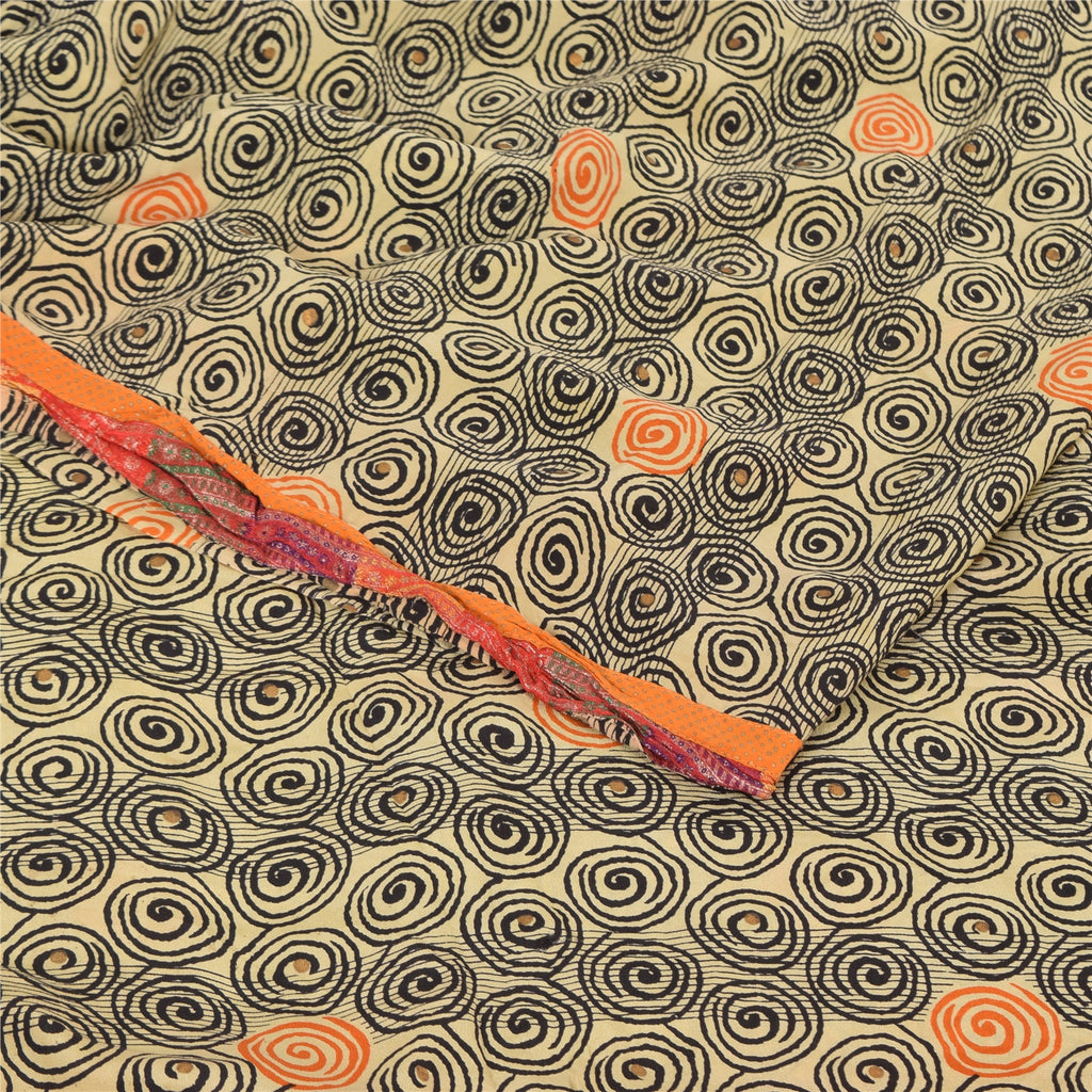 Sanskriti Vintage Sarees Cream Pure Crepe Silk Printed Sari 5+yd Craft Fabric