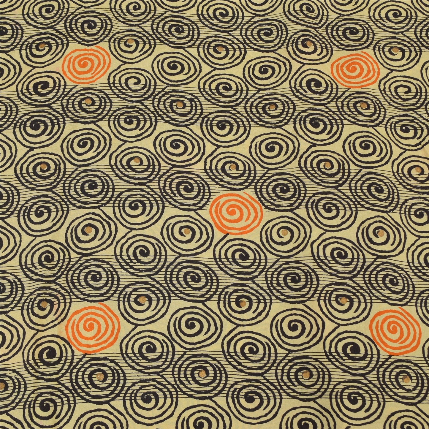 Sanskriti Vintage Sarees Cream Pure Crepe Silk Printed Sari 5+yd Craft Fabric