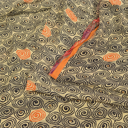 Sanskriti Vintage Sarees Cream Pure Crepe Silk Printed Sari 5+yd Craft Fabric