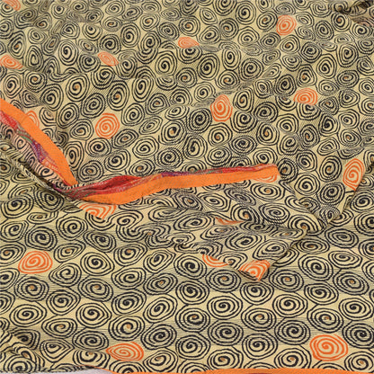 Sanskriti Vintage Sarees Cream Pure Crepe Silk Printed Sari 5+yd Craft Fabric