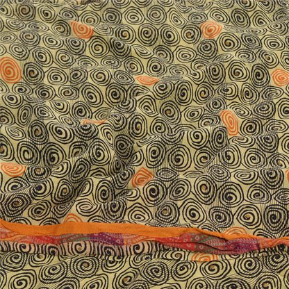 Sanskriti Vintage Sarees Cream Pure Crepe Silk Printed Sari 5+yd Craft Fabric