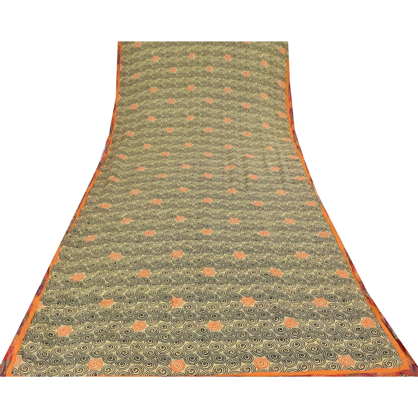 Sanskriti Vintage Sarees Cream Pure Crepe Silk Printed Sari 5+yd Craft Fabric