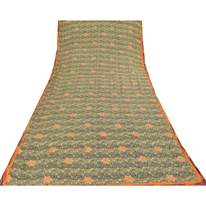 Sanskriti Vintage Sarees Cream Pure Crepe Silk Printed Sari 5+yd Craft Fabric