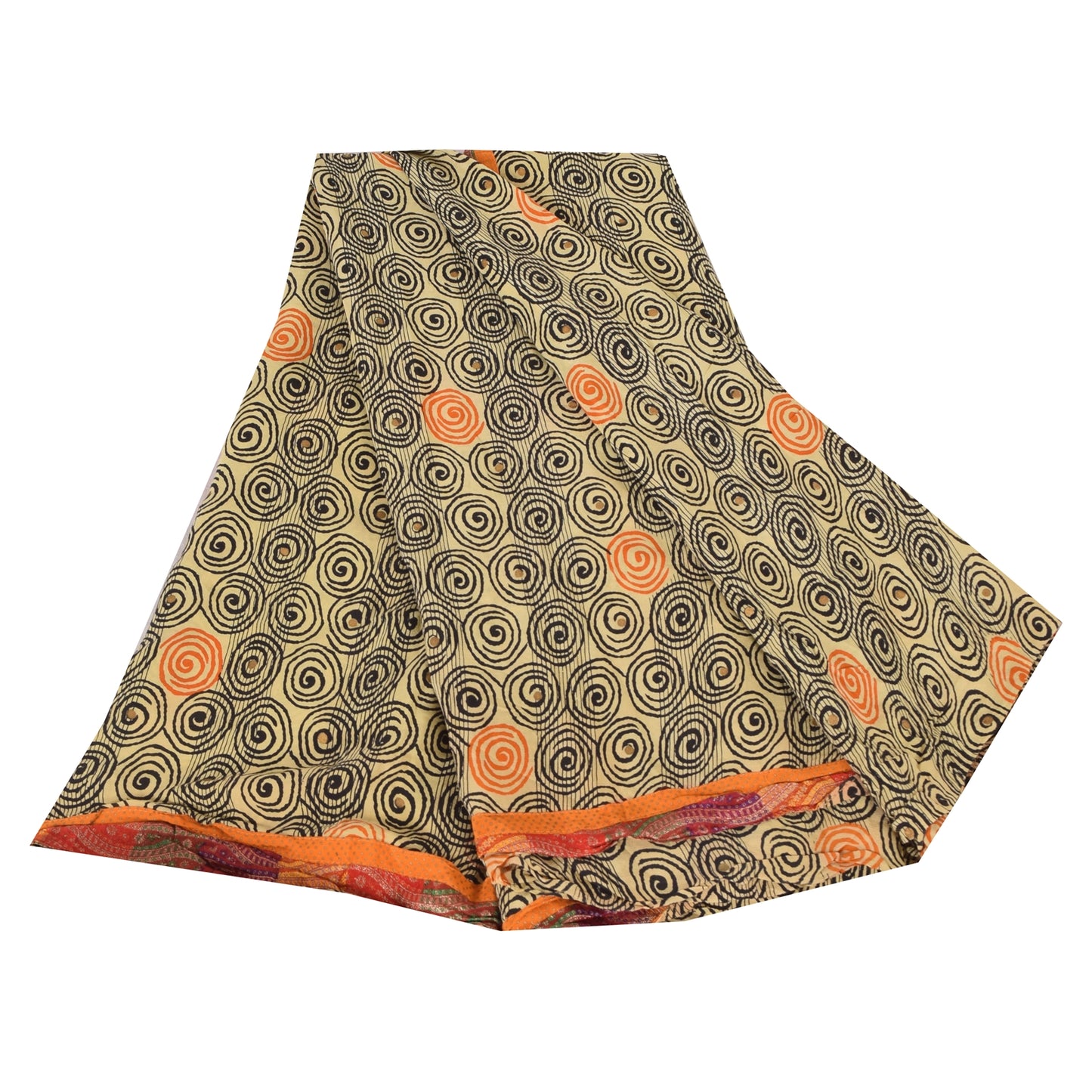 Sanskriti Vintage Sarees Cream Pure Crepe Silk Printed Sari 5+yd Craft Fabric