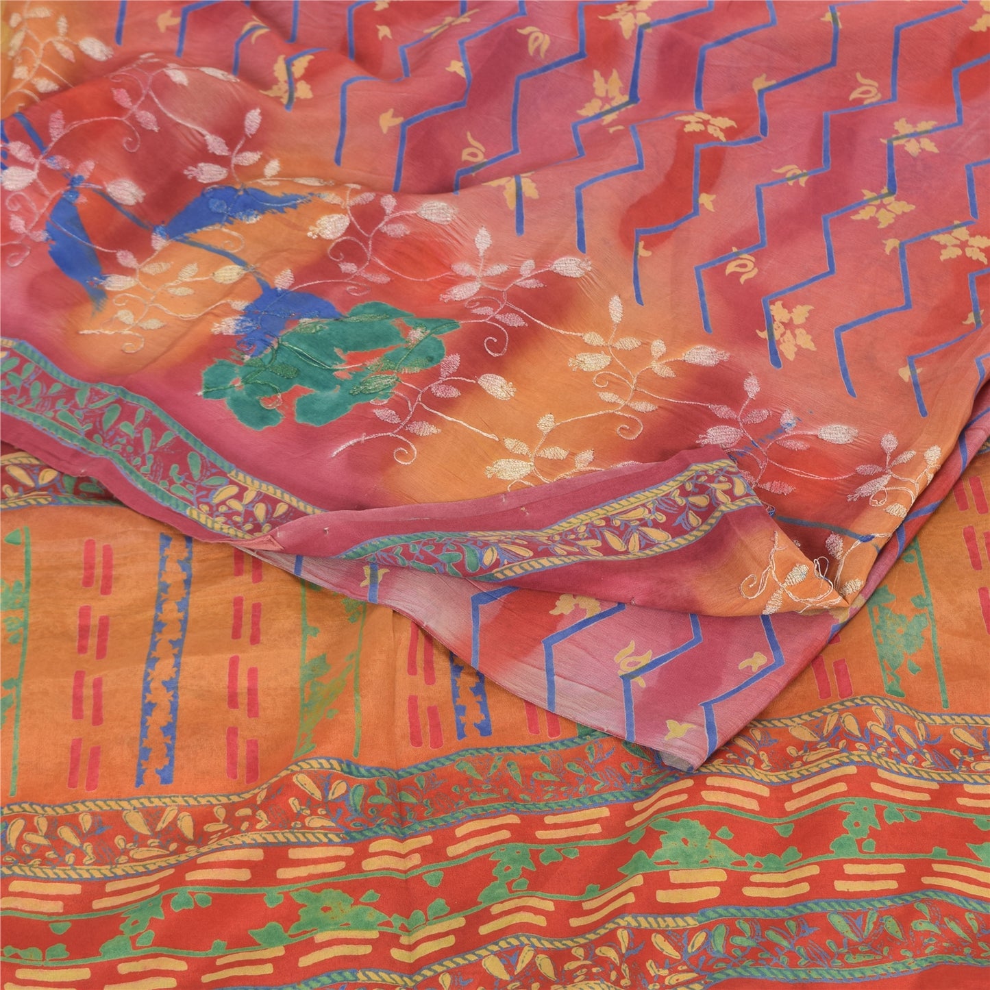 Sanskriti Vintage Sarees Embroidered Pure Crepe Silk Print Sari 5yd Craft Sustainable Fabric