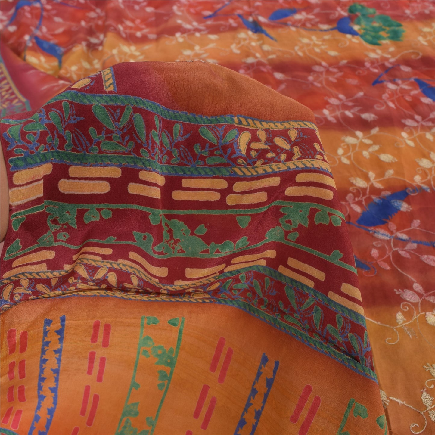 Sanskriti Vintage Sarees Embroidered Pure Crepe Silk Print Sari 5yd Craft Sustainable Fabric